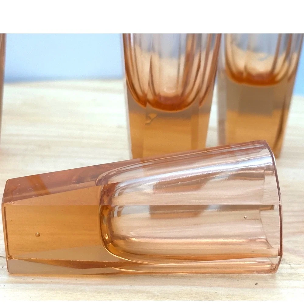 Vtg 30s Czech Bohemian Art Deco Moser Style Salmon Pink Faceted Vodka glasss 6